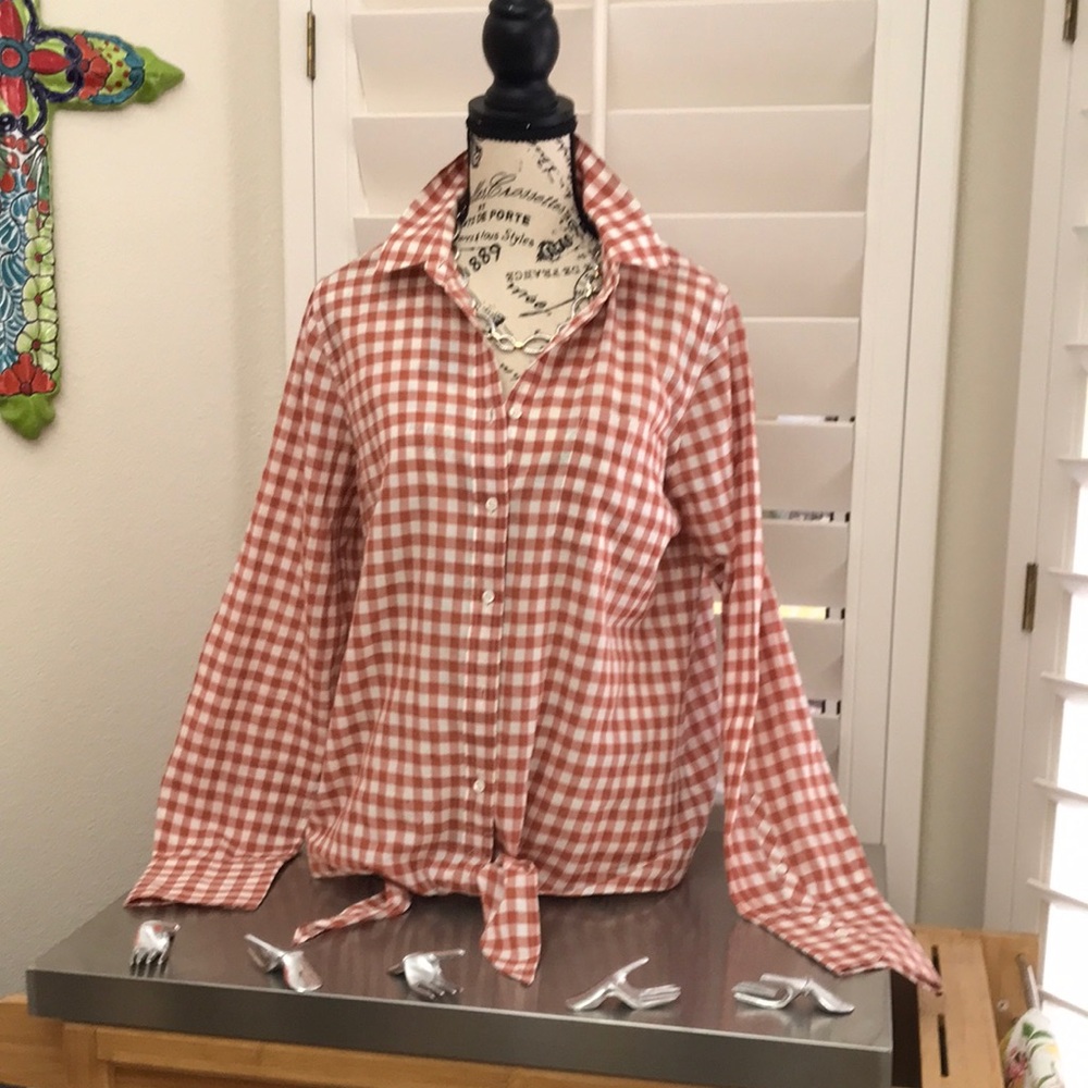 Women's Tie-Front Gingham Button-Up Shirt - Rust/White